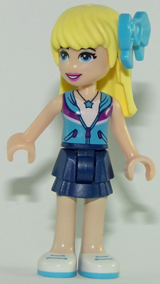 LEGO Minifigure-Friends Stephanie, Dark Blue Layered Skirt, Medium Azure and Dark Purple Vest, Medium Azure Bow-Friends-frnd234-Creative Brick Builders